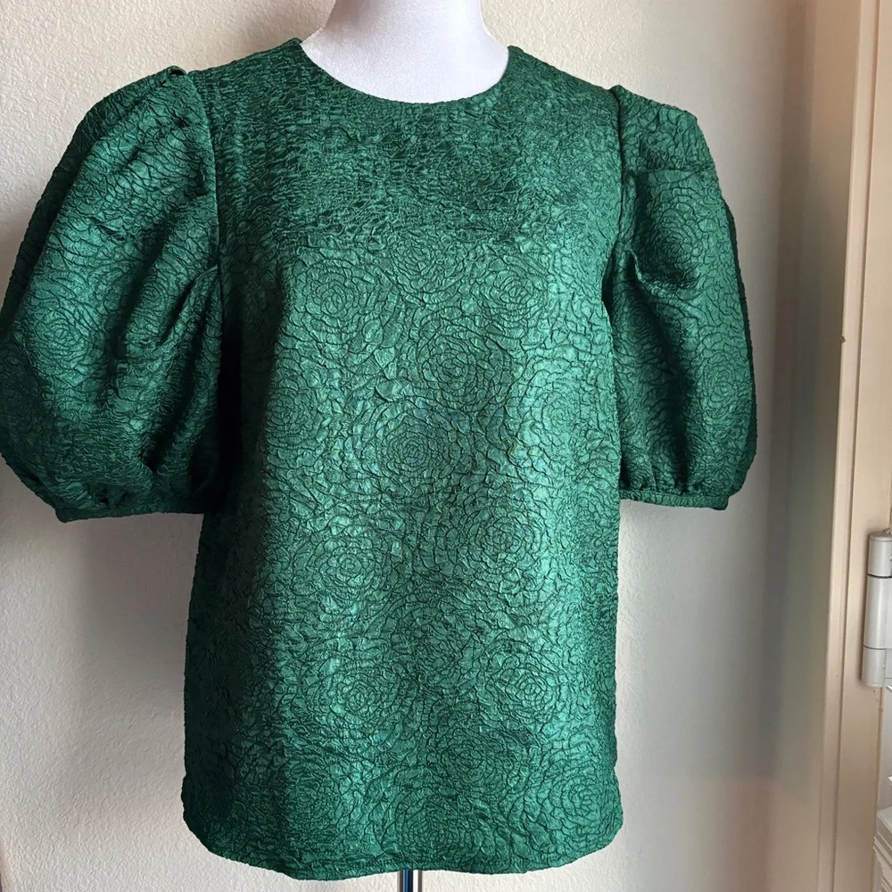 Tuckernuck Hyacinth House Green Noelle Jacquard Puff Sleeve Blouse S